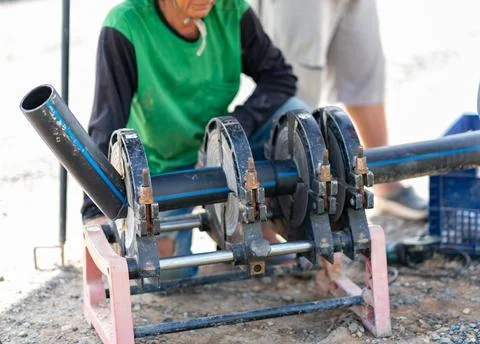 A technician operating a butt fusion welding machine to join black HDPE pip.. Stock Photos