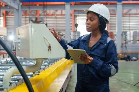 Technician Operating Control Panel in Industrial Manufacturing Setting for .. Stock Photos