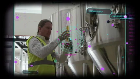 Technician operating sampling valve and withdrawing vial for QC in brewery, HUD Stock Footage 333061372