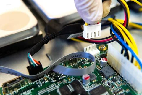 Technician or engineer installs hard drive in cctv, cctv system Stock Photos