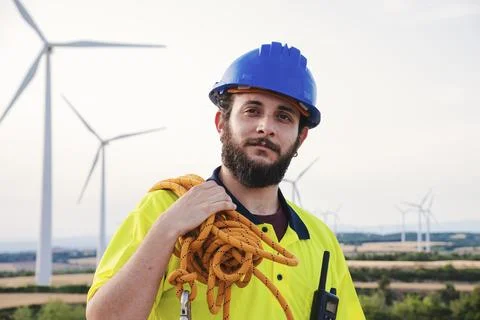 Technician or engineer of wind mill turbine and renewable energy professional Stock Photos