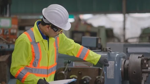 Technician or worker man with white helmet and bright yellow uniform check Stock-Footage 127289390