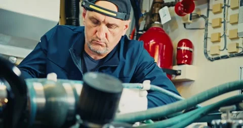 Technician Performing Maintenance in Engine Room 스톡 동영상 323771712