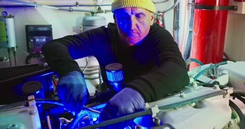 Technician Performs Maintenance in Engine Room Stock Footage 323741326