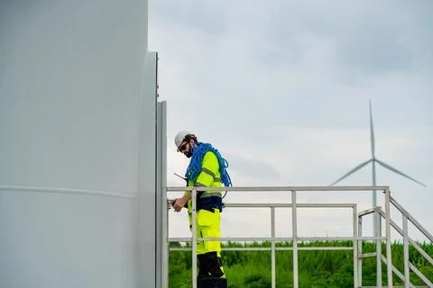 Technician performs maintenance work on wind turbine structure in a green f.. Foto stock