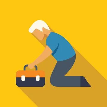 Technician picking up toolbox kneeling on yellow background 库存插图