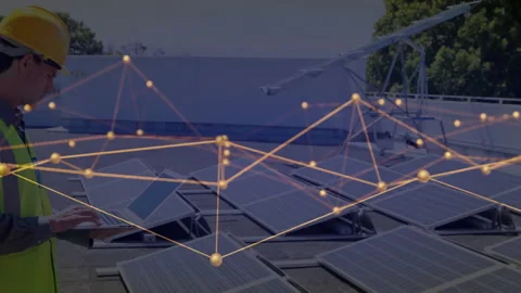Technician placing laptop on solar panel, typing and syncing network overlay for Video stock 311050431
