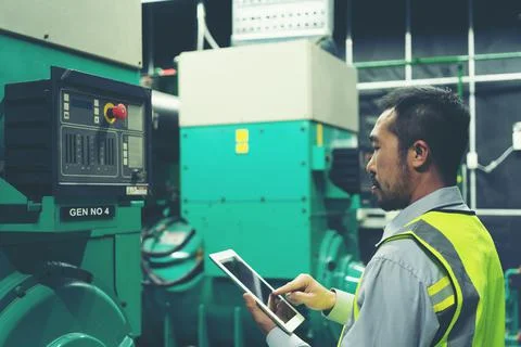 The technician preventive maintenance checking of generator power backup Stock Photos
