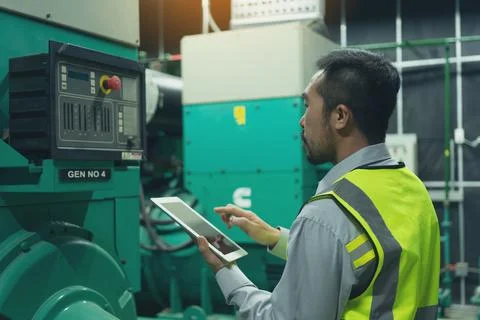 The technician preventive maintenance checking of generator power backup Stock Photos