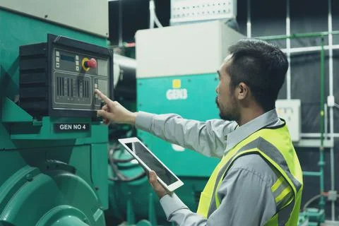 The technician preventive maintenance checking of generator power backup Stock Photos