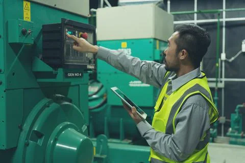 The technician preventive maintenance checking of generator power backup Stock Photos