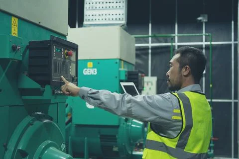 The technician preventive maintenance checking of generator power backup Stock Photos