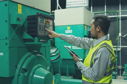 The technician preventive maintenance checking of generator power backup Stock Photos