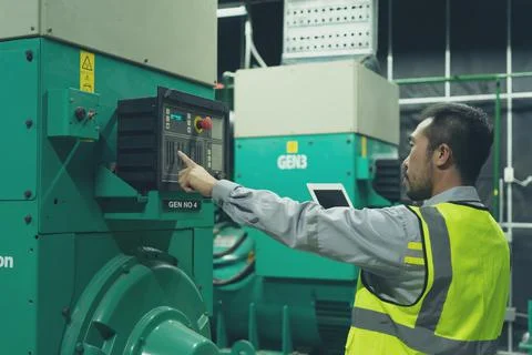 The technician preventive maintenance checking of generator power backup Stock Photos