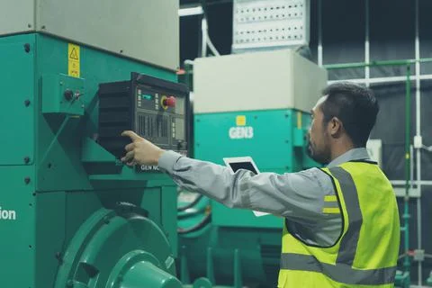 The technician preventive maintenance checking of generator power backup Stock Photos