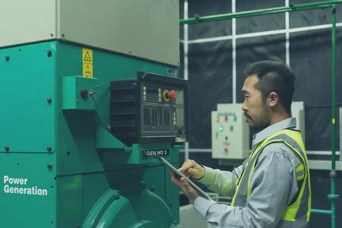 The technician preventive maintenance checking of generator power backup Stock Photos