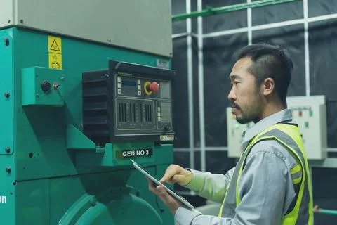 The technician preventive maintenance checking of generator power backup Stock Photos