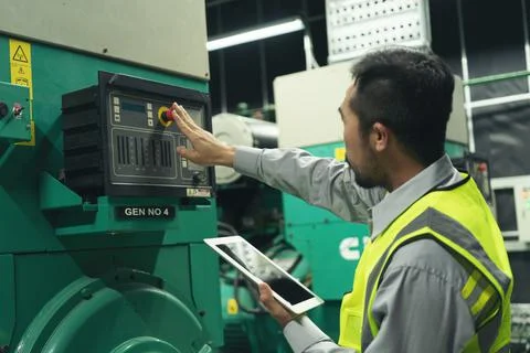 The technician preventive maintenance put button emergency of generator power Stock Photos