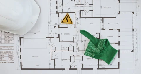 Technician puts electrical danger sign on drawing upper view Video stock 277442214