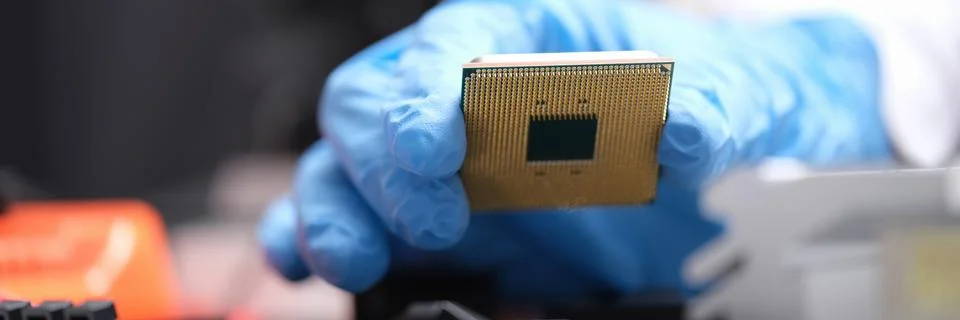 Technician puts processor on computer motherboard socket Stock Photos