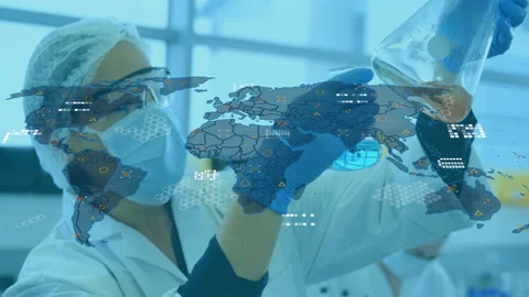 Technician raising flasks in lab and comparing liquids as digital world map Stock Footage 313328173