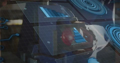 Technician reaching into tech lab, tapping AR panels, analyzing red component Stock Footage 321099609