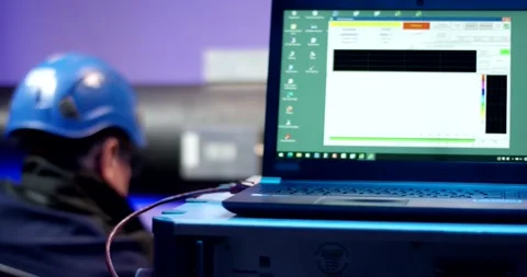 Technician Reading Measurement Software on Rugged Laptop Screen, Static Shot Stock Footage 340360380