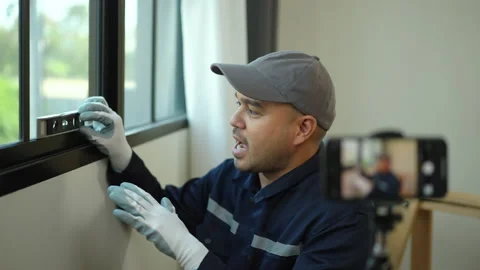 Technician is record video broadcasting live teaching how to use construction. Stock Footage 234263326