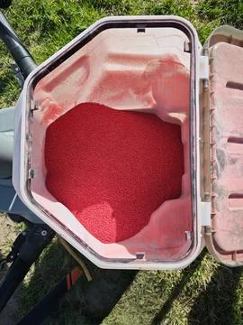 Technician reloading grain using a large agricultural drone. Drone planting. Stock Photos