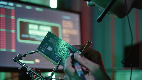 Technician Removing Microchip Components in Cyber Workspace Stock Footage 341661093