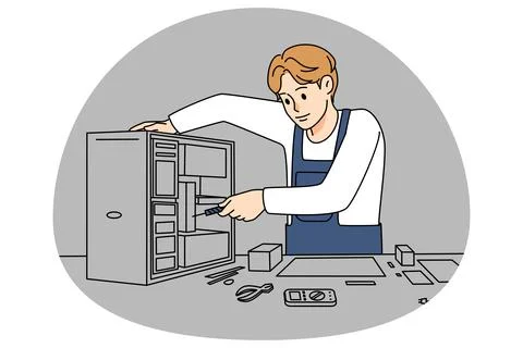 Technician repair computer hardware with screwdriver Illustrazione stock