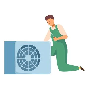 Technician repairing air conditioner using screwdriver kneeling on floor Stock Illustration