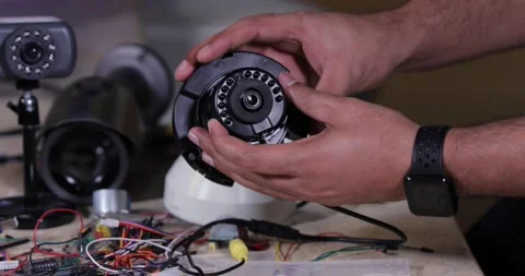 A technician repairing CCTV camera in service center Stock Footage 146728686
