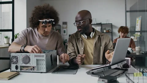 Technician Repairing Computer Hardware, Programmer Searching on Internet Stock Footage 299249219