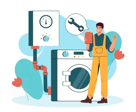 Technician repairing washing machine. Vector illustration Illustrazione stock