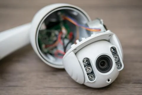 Technician repairs CCTV camera on the table. Stock Photos