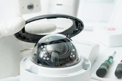 A technician repairs a cctv camera on a white table. Stock Photos