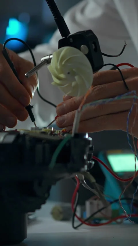 Technician repairs circuit board of robotic device in modern lab during late Stock Footage 331729744