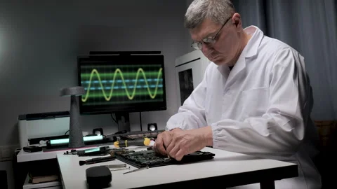 Technician repairs circuit board while using diagnostic equipment in a lab Stock Footage 319476046