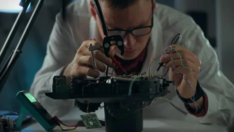 A technician repairs complex electronics in a workshop during a late-night s Stock Footage 289576745