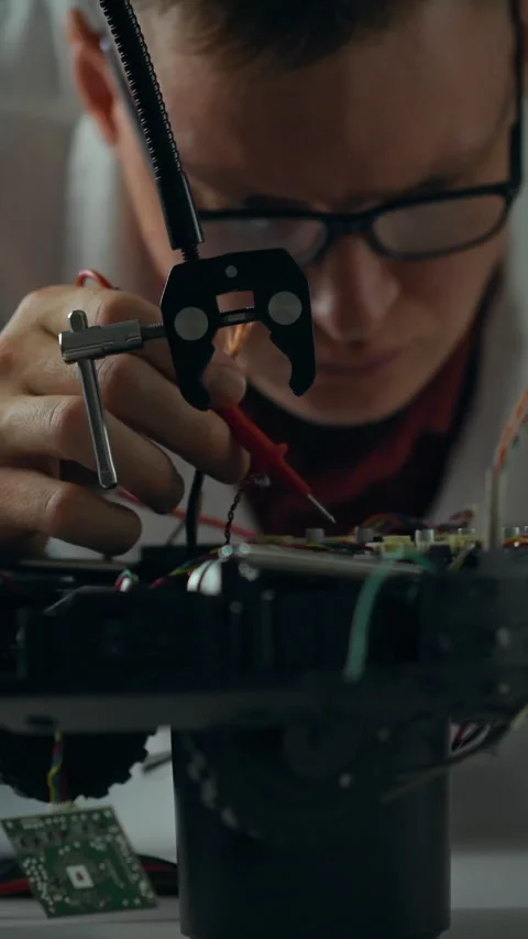 Technician repairs complex electronics in a workshop during a late night ses Stock Footage 331729780