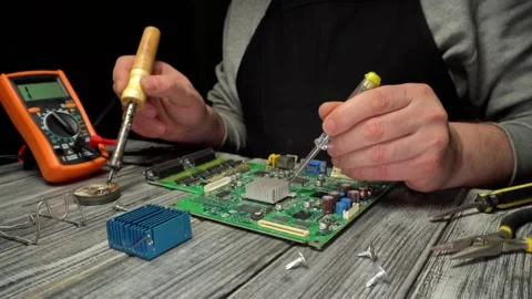 Technician repairs electronic circuit board using soldering iron and Video stock 329301956