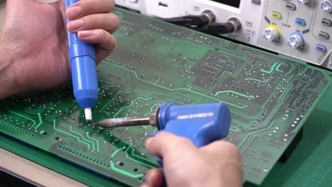 Technician repairs electronic circuit boards with a soldering iron and lead Stock Footage 282757830