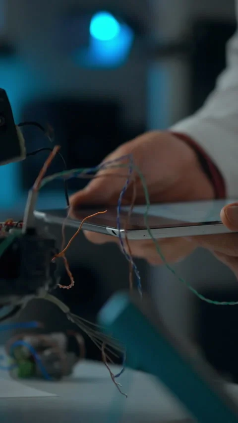 Technician repairs electronic device in modern workshop environment during b Stock Footage 331730062