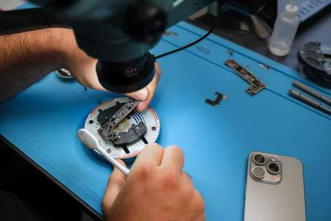 Technician repairs electronic device under microscope with tools and smartphone Stock Photos
