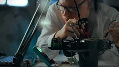 A technician repairs a robotic device in a lab with modern equipment during Stock Footage 289576737