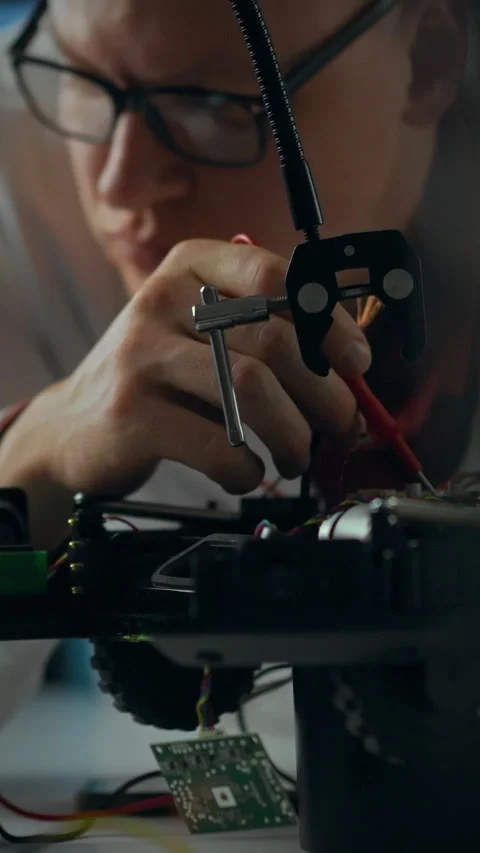 Technician repairs robotic device in modern lab during afternoon Stock Footage 331729913