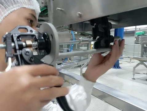 A technician is replacing a broken plastic conveyor with a new one Foto stock