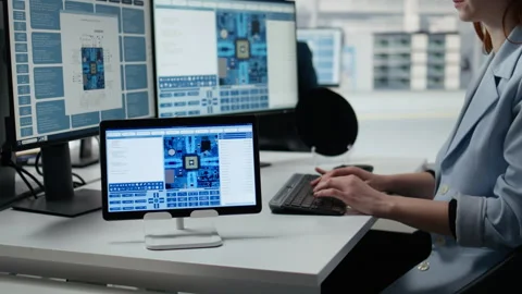Technician reviews microchip production operations using devices inside factory Stock Footage 335880539