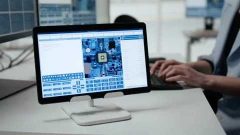 Technician reviews microchip production operations using devices inside factory Stock Footage 335882366